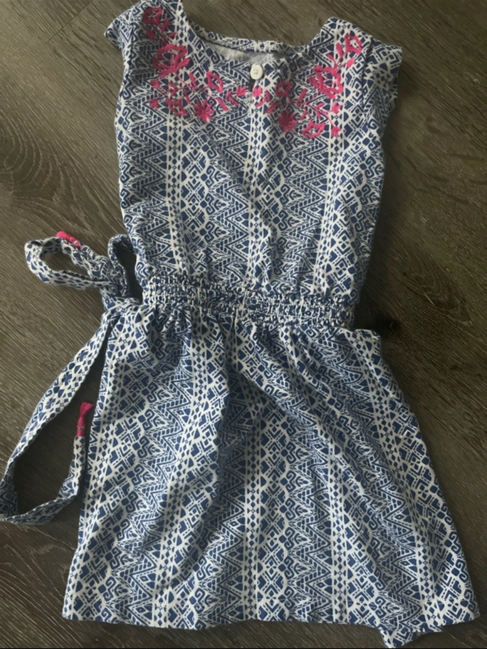 Girls' Blue and White Printed Dress with Pink Embroidery